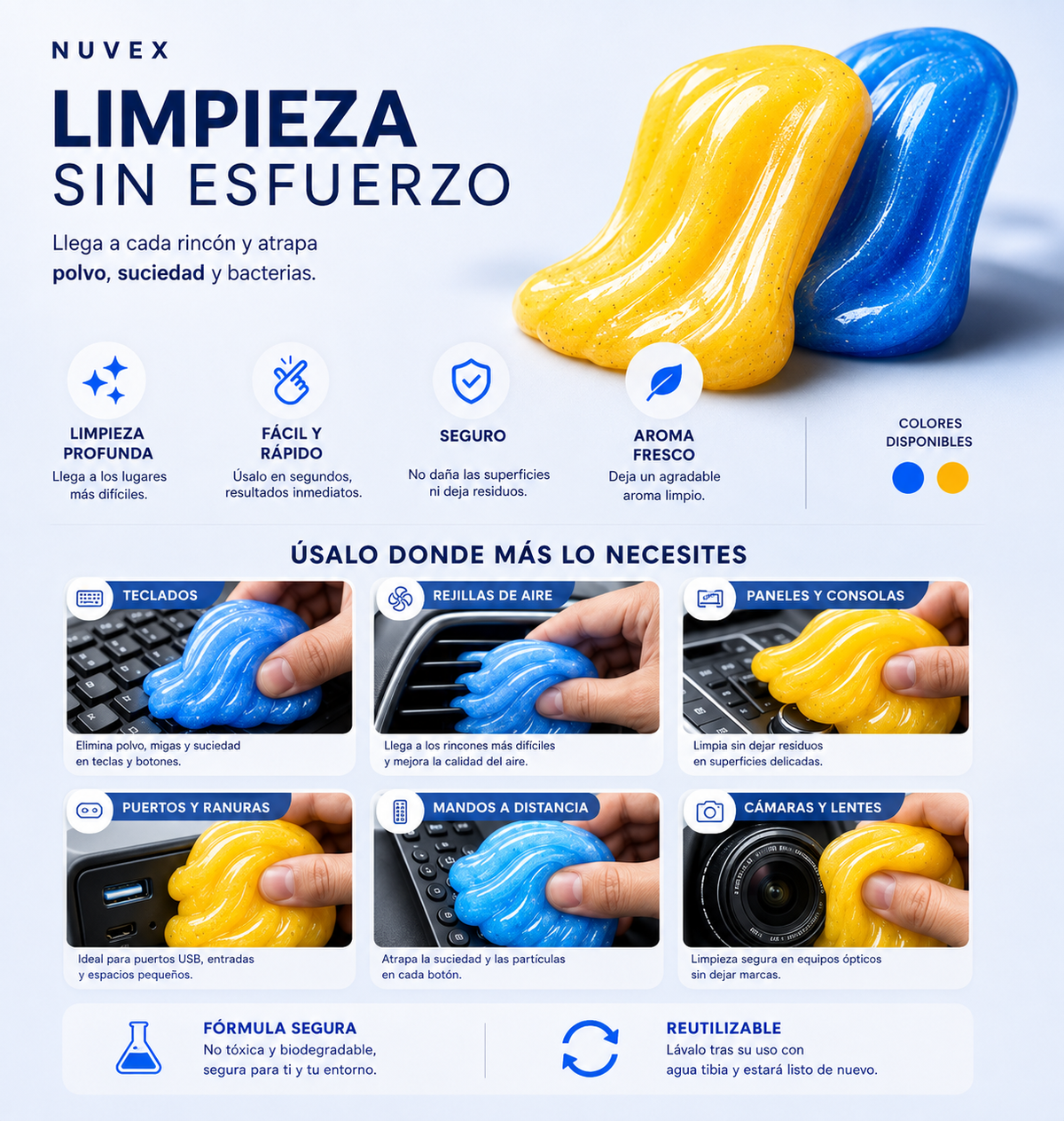 Gel Limpiador Reutilizable NUVEX | Coche, Teclado y Rincones